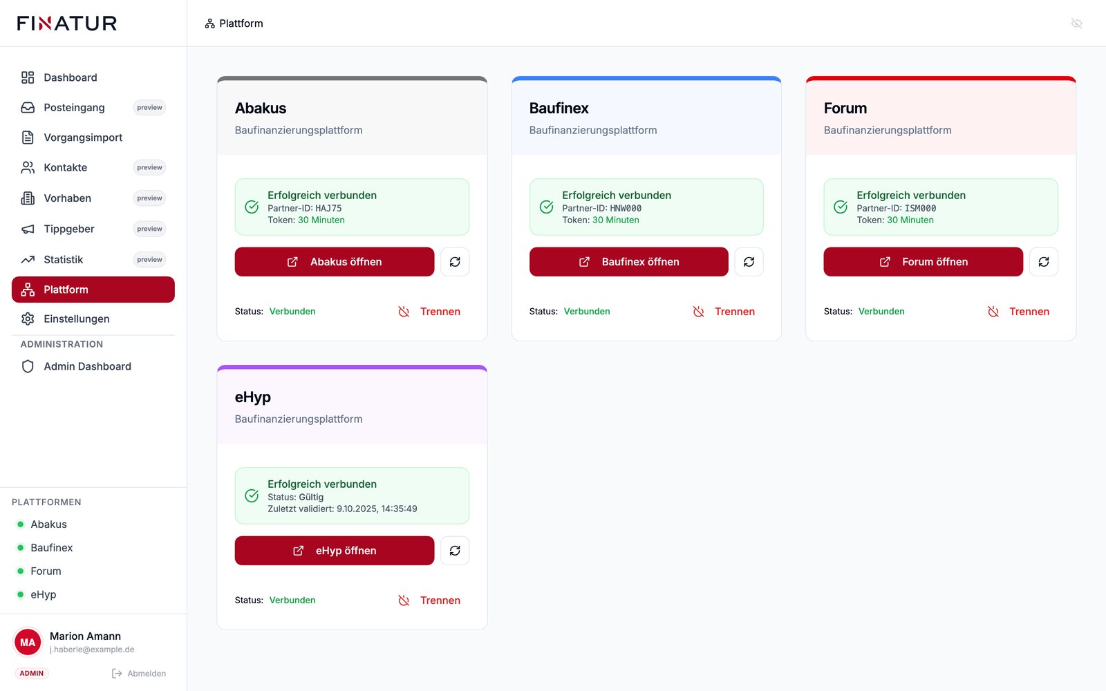 Plattform-Verbindungen im FINATUR Partnerbereich: Karten für Abakus, Baufinex, Forum und eHyp mit dem Status Erfolgreich verbunden